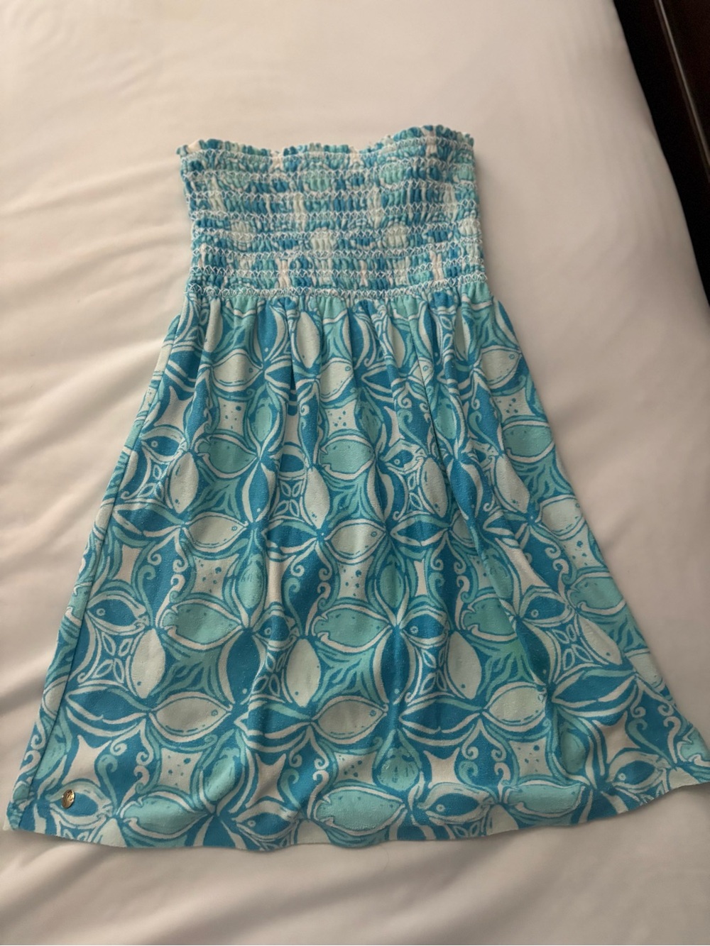 Lilly Pulitzer Blue & Aqua Smocked Strapless terry cloth swim cover up